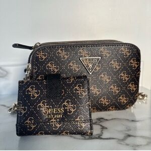 GUESS Dark Brown and Gold Monogram Crossbody Bag and Wallet
